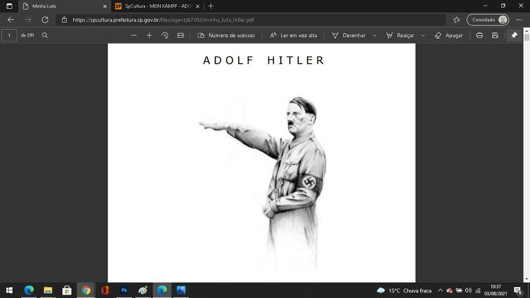 Foto do site SPcultura com o projeto de Exibição do livro 'Minha Luta', de Adolf Hitler