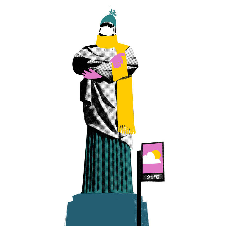 Ilustração da estátua do Cristo Redentor com os braços cruzados vestindo gorro, blusa de frio, luvas e cachecol. Ao lado dele, há um termômetro de rua com a temperatura de 21ºC sendo exibida no visor.