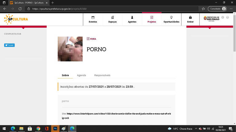 Na categoria Feira, o projeto intitulado 'Porno' exibe vídeos e fotos com conteúdo de sexo explicito.