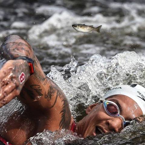 A brasileira Ana Marcela Cunha compete  na maratona aquaticao em águas abertas nos Jogos Olímpicos de 2020, nesta quarta-feira, no Parque Marino Odaiba, em Tóquio (Japão).