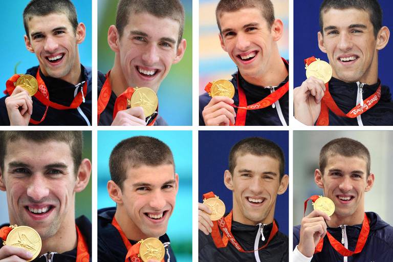 Painel mostra o nadador norte-americano Michael Phelps com as oito medalhas de ouro nos Jogos de Pequim, com direito a sete recordes mundiais e um olímpico