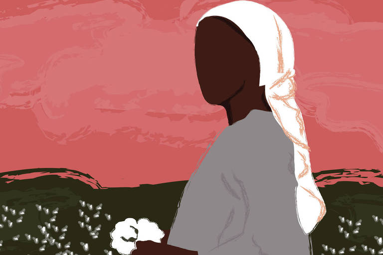 Ilustração de uma mulher negra com um lenço branco na cabeça, roupa cinza segurando algo branco em suas mãos
