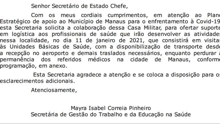 Ofício enviado por Mayra Pinheiro à Casa Militar do governo do Amazonas