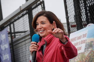 New York State Lieutenant Governor Kathy Hochul speaks during an opening ceremony on the first day of the Coney Island parks reopening in the Coney Island neighborhood of Brooklyn, New York