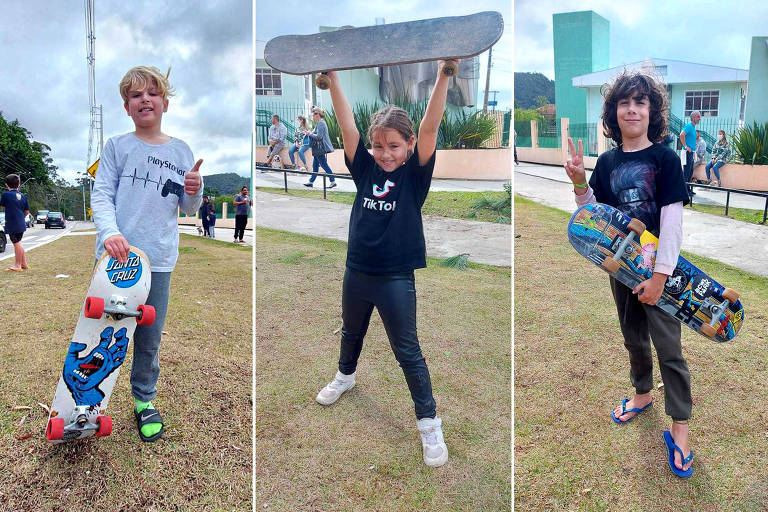 Os joves skatistas Leonardo Meca Neves, 9, Flora Lopes, 8, e Zion Araújo Braldati, 9.