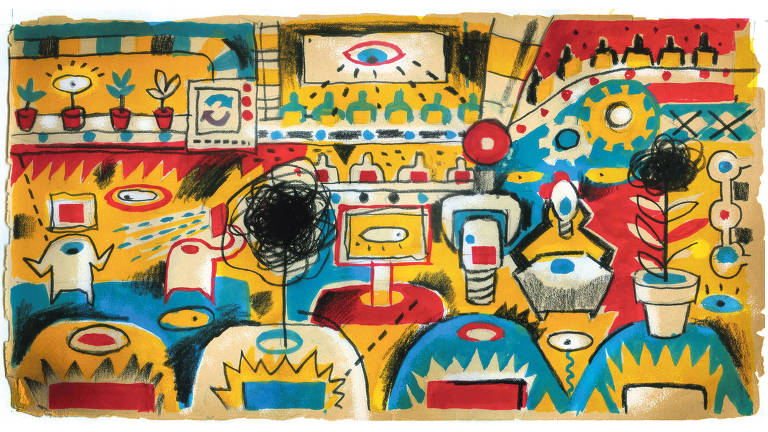 Ilustração em vermelho, azul, amarelo e preto com vários elementos integrados. Há vasos com plantas em cima de uma esteira, pessoas em frente a uma tela com um grande olho, engrenagens, botões, entre outros.