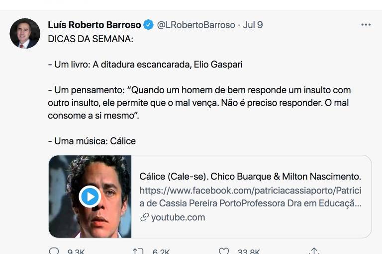 Post na pagina oficial do ministro do STF Luis Roberto Barroso com indiretas para o presidente Jair Bolsonaro. O mandatário tem atacado o ministro e divulgado acusações sem provas