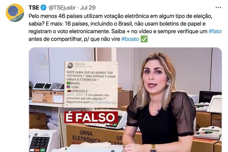 Post na pagina oficial do TSE contra Fake News