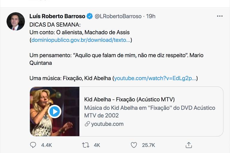Post na pagina oficial do ministro do STF Luis Roberto Barroso com indiretas para o presidente Jair Bolsonaro. O mandatário tem atacado o ministro e divulgado acusações sem provas