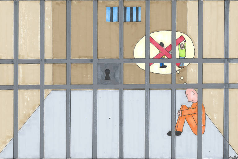 desenho de um homem vestido de laranja sentado dentro de uma prisão