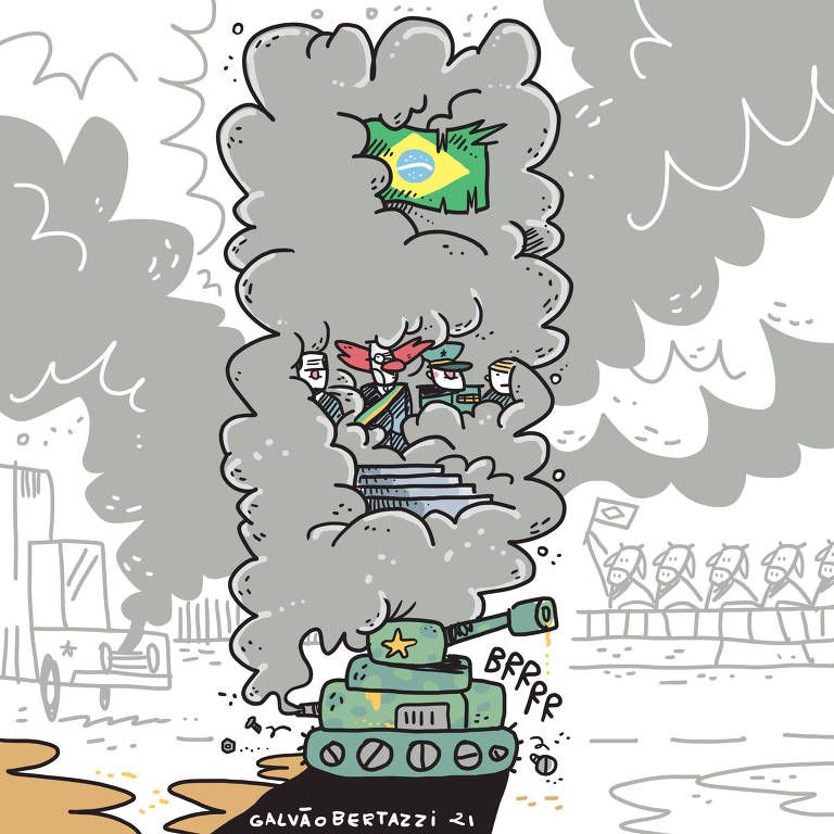 Desenho mostra tanque militar soltando fumaça escura sobre bandeira do Brasil