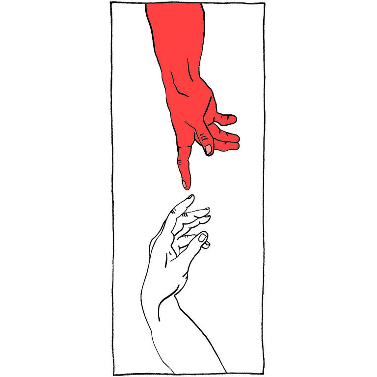 Ilustração de duas mãos se aproximando com os indicadores quase se encostando. Uma mão foi desenhada com linhas pretas e preenchimento branco e a outra com linhas pretas e preenchimento vermelho.