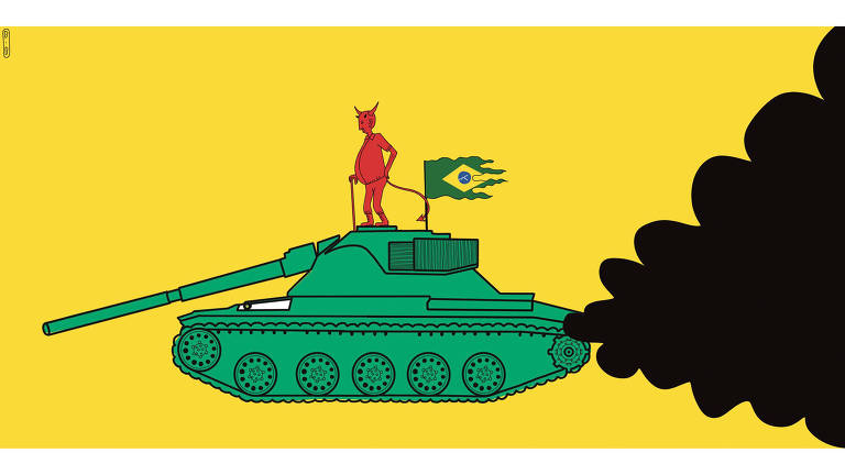 Ilustração de um tanque de guerra verde com uma criatura vermelha que parece um homem, mas com chifres e rabo, em cima dele. O veículo está soltando uma fumaça preta e tem uma bandeira do Brasil toda rasgada em cima dele. O fundo é todo amarelo.