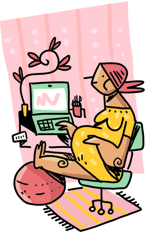 ilustração de personagem grávida, em frente a um computador