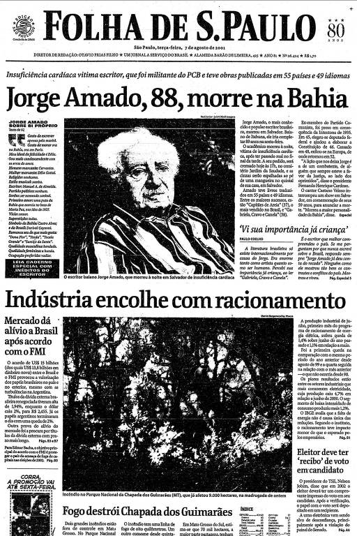 Primeira pagina do jornal Folha de S.Paulo de 7 de agosto de 2001, com notícia da morte de Jorge Amado