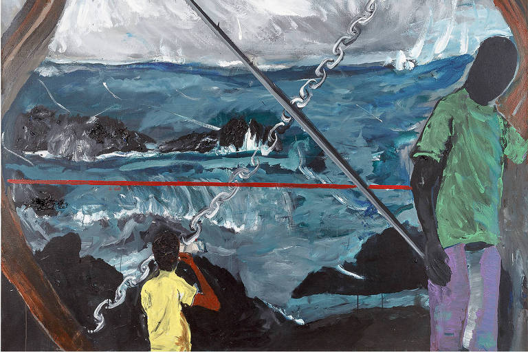 pintura de homens em meio ao mar