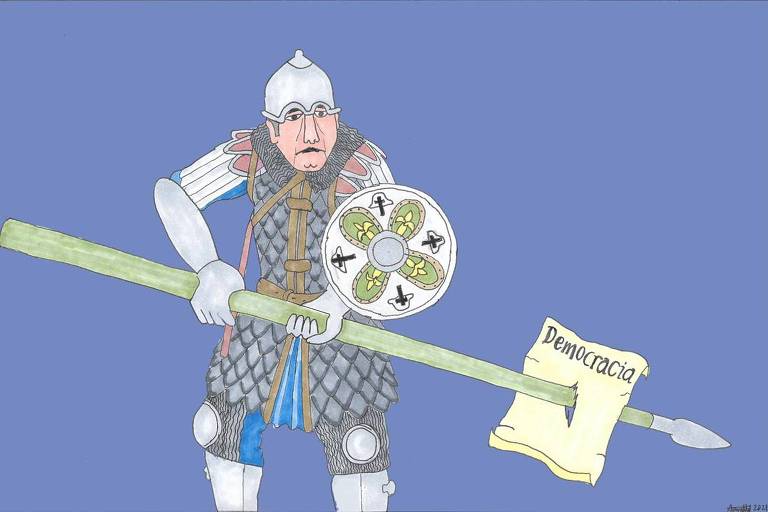 Ilustração mostra um guerreiro medieval com uma lança furando a democracia