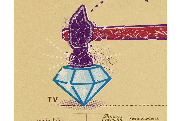 Ilustração mostra martelo se rachando ao bater em um diamante. Abaixo palavras soltas como "tv", "irmãos coragem" e "segunda-feira"