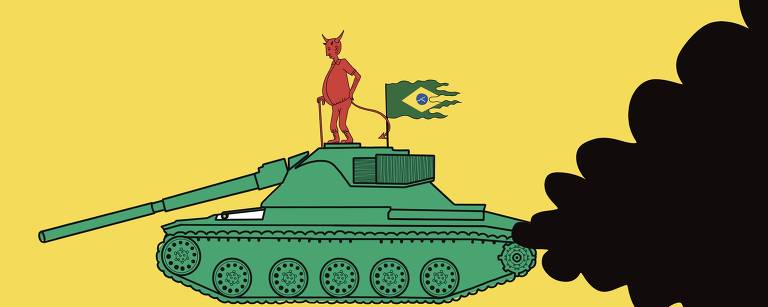 Diabo em cima de tanque de guerra que tem bandeira do Brasil e solta fumaça preta