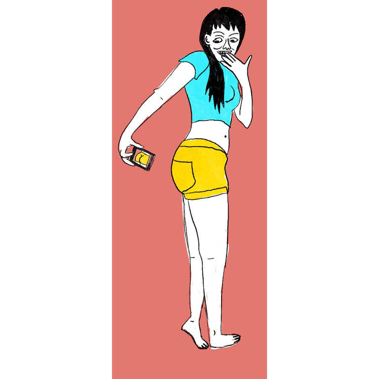 Ilustração de uma mulher com cabelos lisos pretos e franja vestindo uma blusinha curta azul e um short amarelo. Ela está tirando uma foto do próprio bumbum com um smartphone.
