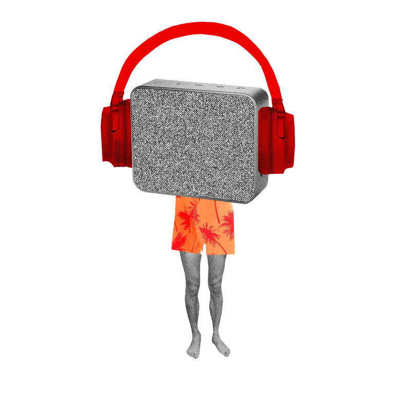 Ilustração de caixa de som usando fones de ouvido e com pernas vestindo uma bermuda laranja com estampa de coqueiros