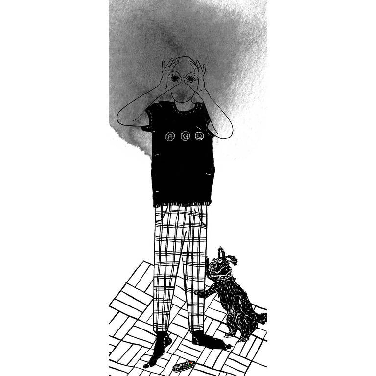 Ilustração de uma pessoa com as mãos perto do rosto e os indicadores e polegares em volta dos olhos. Ela veste camiseta preta e calça xadrez branca e preta. Um cachorro preto está apoiado em uma das pernas da pessoa e há um controle remoto no chão. Um mancha preta translúcida está na frente da cabeça.