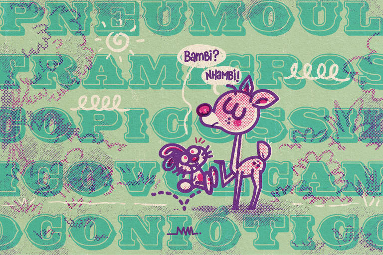 Ilustração de um coelho pulando e um filhote de cervo levantando uma das patas da frente no centro da imagem. O coelho diz "Bambi?" e o cervo responde "Nhambi!"