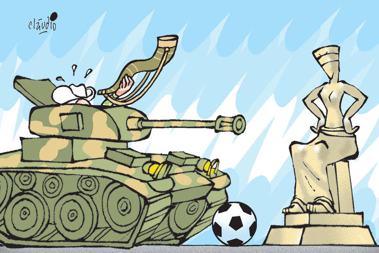 charge com um tanque de guerra com uma bola na frente e o piloto tocando um berrante e apontando para a estátua da justiça brasileira