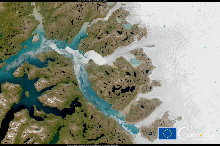 Imagem de satélite; ao centro, há meandros de uma linha azulada, que aparenta ser um rio; no canto superior direito, há neves, com veios correndo em direção à linha central azul