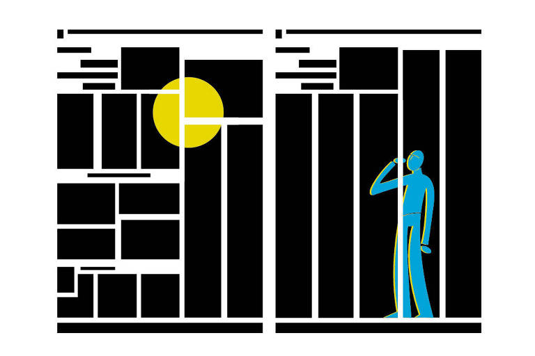 Ilustração carvall para a coluna do dia 22 de agosto de 2021. Nela figuras geométricas retangular e quadrado na cor pretos, estão  na horizontal um circulo amarelo e um pictograma na cor azul, esta em movimento de continência, 
