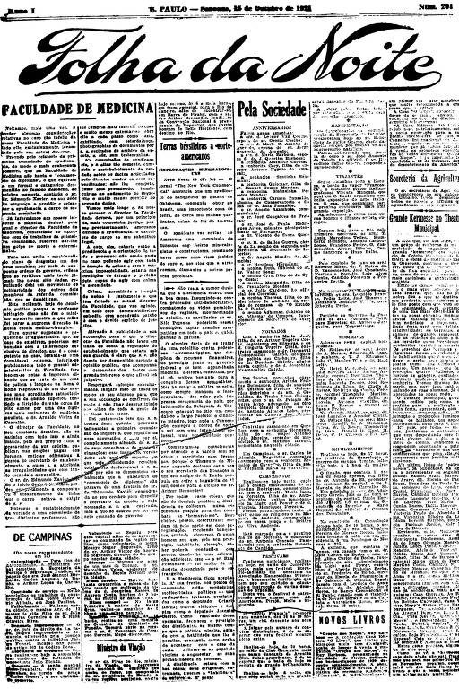 Primeira Página da Folha da Noite de 15 de outubro de 1921