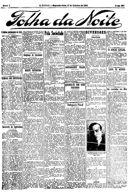 Primeira Página da Folha da Noite de 17 de outubro de 1921