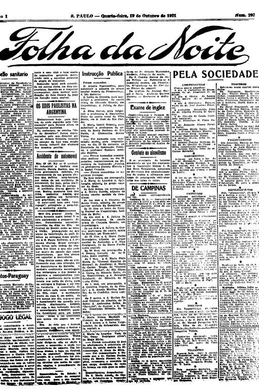 Primeira Página da Folha da Noite de 19 de outubro de 1921