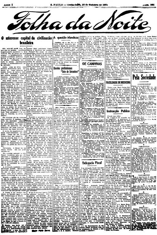 Primeira Página da Folha da Noite de 18 de outubro de 1921