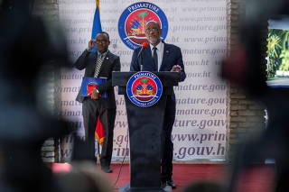 Haiti's Prime Minister Ariel Henry speaks during a news conference in Port-au-Prince