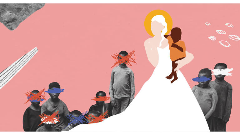 Ilustração de uma mulher branca com cabelos brancos amarrados em uma trança lateral usando vestido branco tomara que caia bastante volumoso segurando um bebê negro no colo. No segundo plano, há várias crianças negras com riscos em seus olhos e roupas gastas.