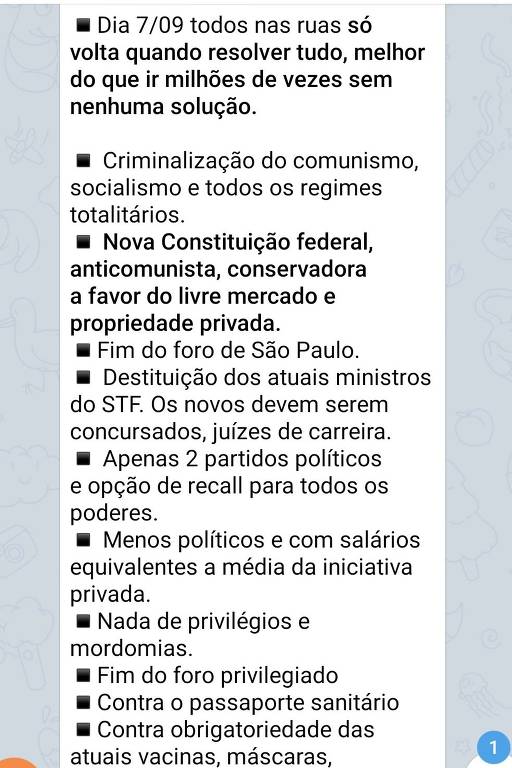 Mensagem exaltando pautas antidemocráticas no 7 de Setembro
