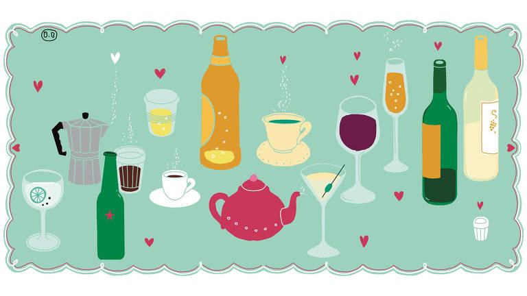 Ilustração com uma cafeteira italiana, um bule, garrafas, taças, xícaras e copos de diversas cores e formatos com vários corações vermelhos saindo deles.