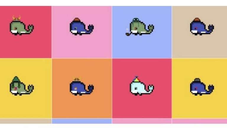 Várias baleias desenhadas em colorido