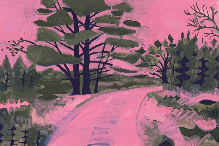 paisagem rosa com floresta
