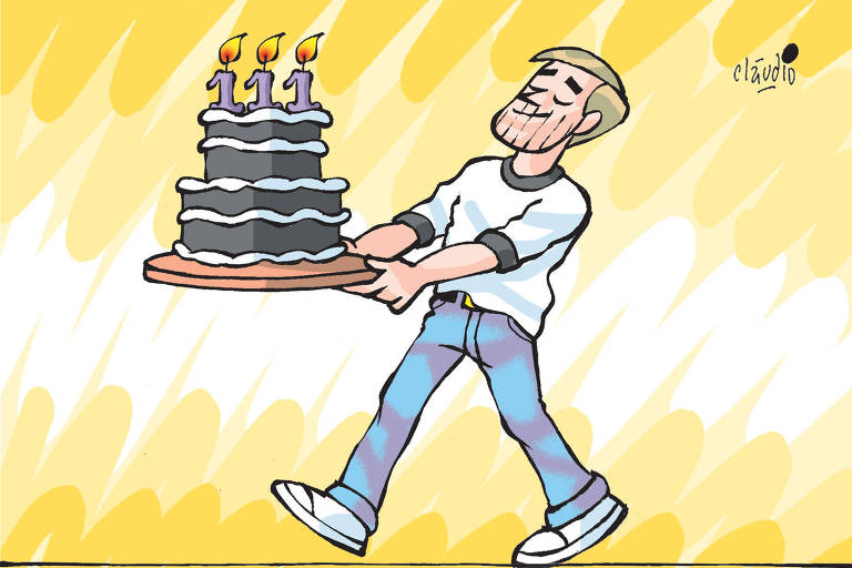 charge da coluna Caneladas do Vitão de 28 de agosto com o colunista segurando um bolo com as velas fazendo o número 111
