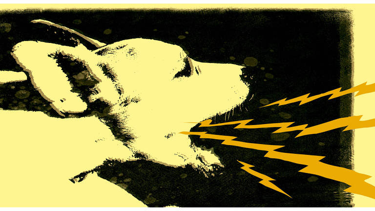 Ilustração de um cachorro amarelo com a boca aberta e soltando raios por ela