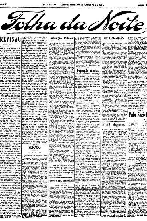Primeira Página da Folha da Noite de 20 de outubro de 1921