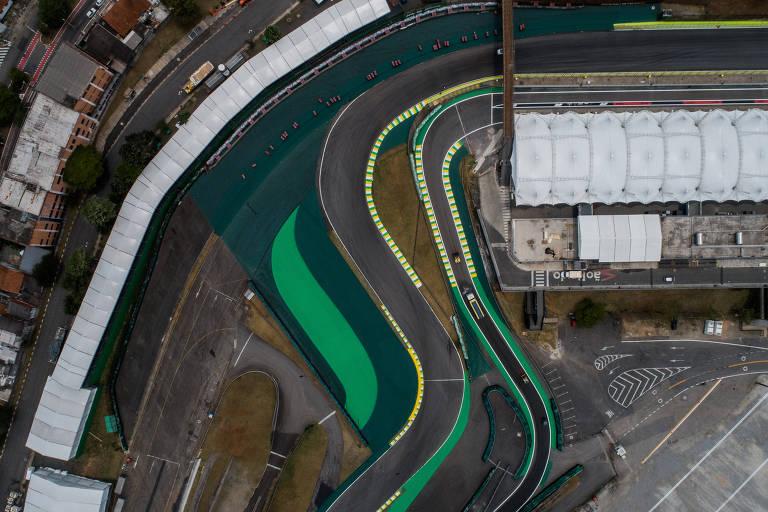 Vista aérea da curva S do Senna no autódromo de Interlagos