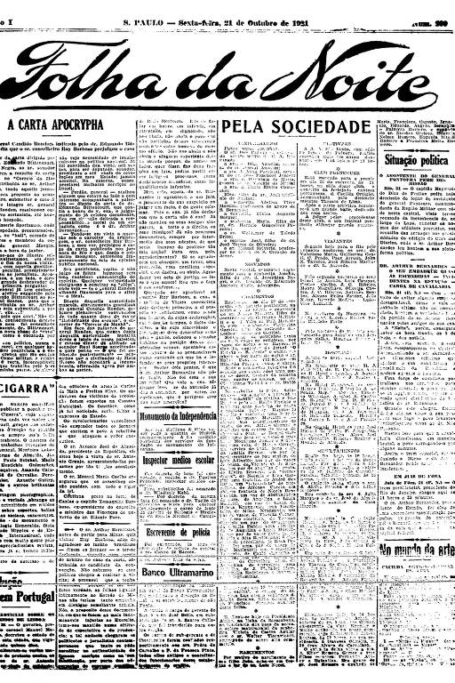 Primeira Página da Folha da Noite de 21 de outubro de 1921