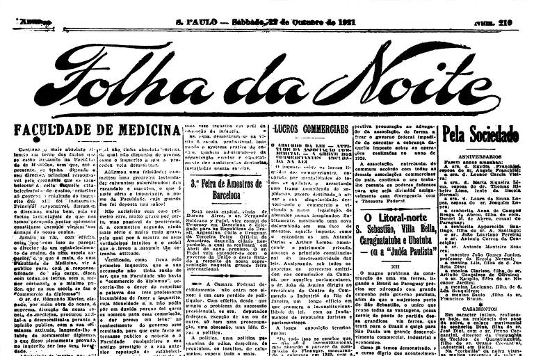 Primeira Página da Folha da Noite de 22 de outubro de 1921
