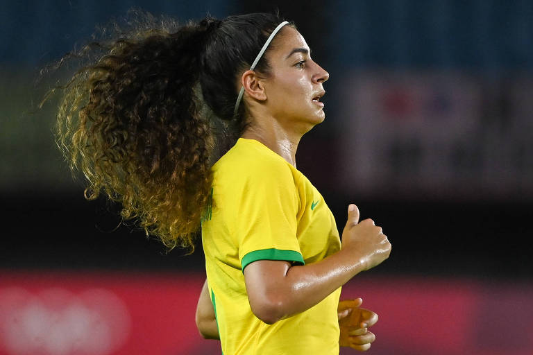 Angelina durante a partida entre Brasil e Canadá, pelas quartas de final do futebol feminino nas Olimpíadas de Tóquio