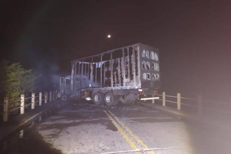 Caminhão destruído por incêndio em estrada