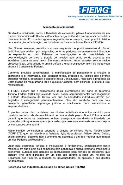 Manifesto da Federação das Indústrias do Estado de Minas Gerais