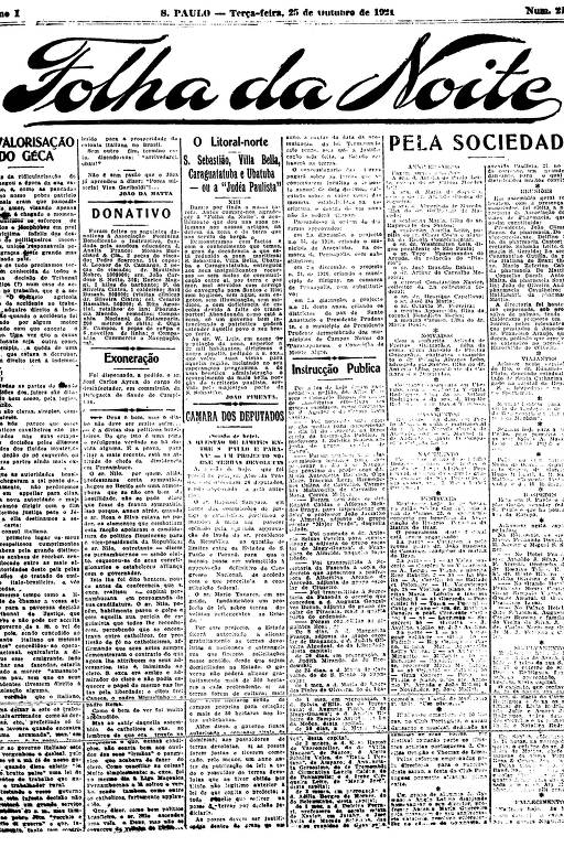 Primeira Página da Folha da Noite de 25 de outubro de 1921